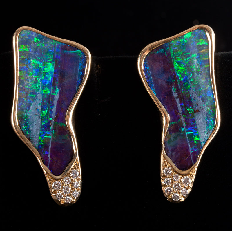14k Yellow Gold Crystalline Boulder Opal Diamond Earrings W/ Omega Backs 22.35g