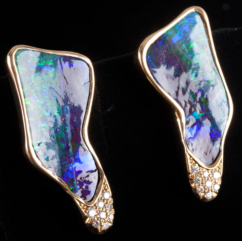 14k Yellow Gold Crystalline Boulder Opal Diamond Earrings W/ Omega Backs 22.35g
