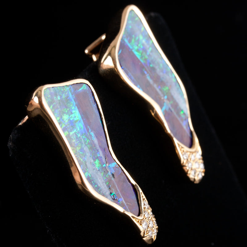 14k Yellow Gold Crystalline Boulder Opal Diamond Earrings W/ Omega Backs 22.35g