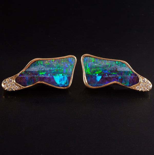 14k Yellow Gold Crystalline Boulder Opal Diamond Earrings W/ Omega Backs 22.35g