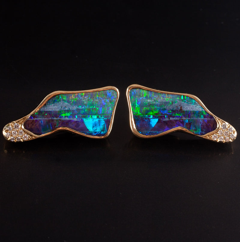 14k Yellow Gold Crystalline Boulder Opal Diamond Earrings W/ Omega Backs 22.35g