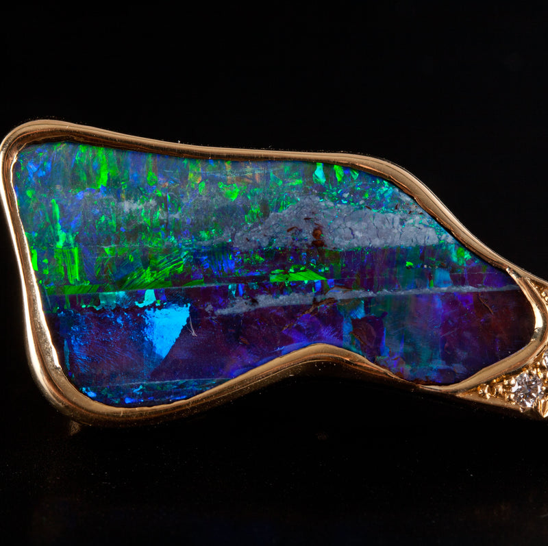 14k Yellow Gold Crystalline Boulder Opal Diamond Earrings W/ Omega Backs 22.35g