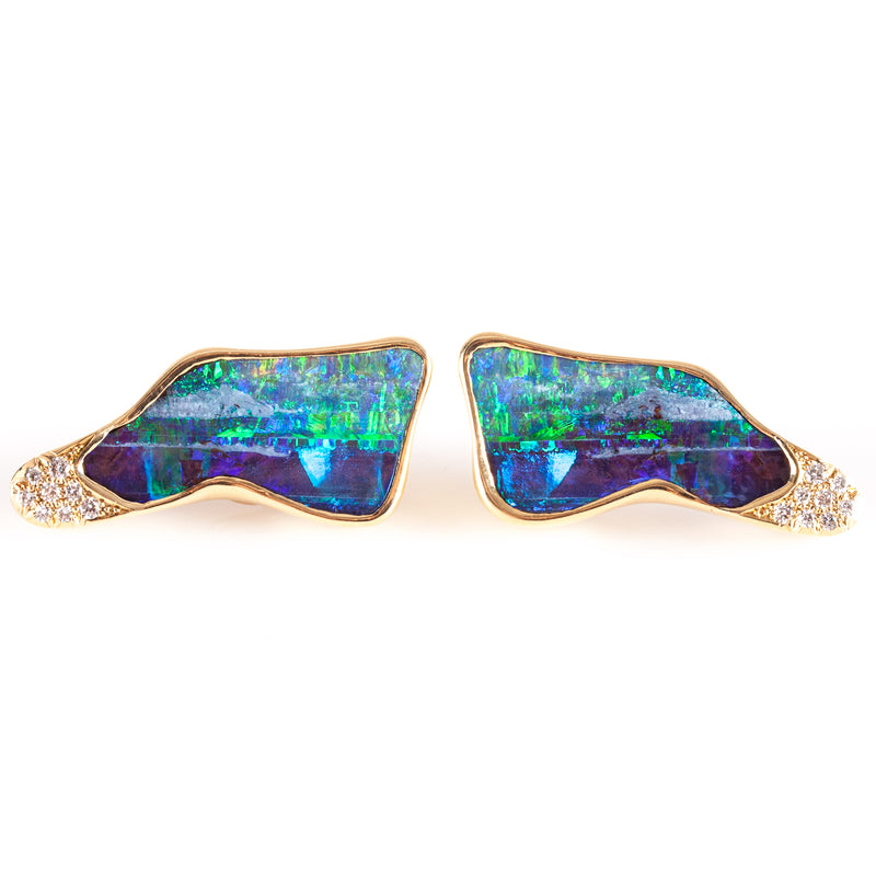14k Yellow Gold Crystalline Boulder Opal Diamond Earrings W/ Omega Backs 22.35g