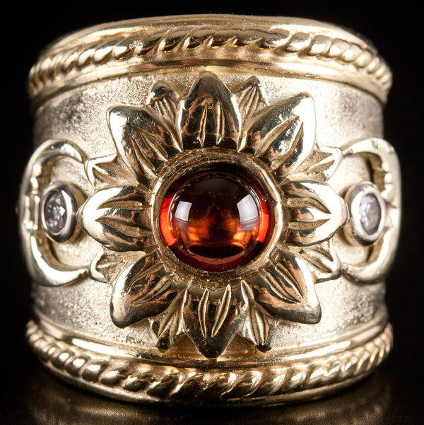 14k Yellow Gold Round Cabochon Garnet Diamond Sun Moon Ring 1.05ctw 27.0g