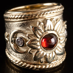 14k Yellow Gold Round Cabochon Garnet Diamond Sun Moon Ring 1.05ctw 27.0g