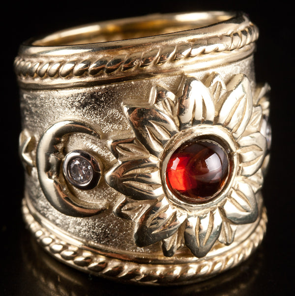 14k Yellow Gold Round Cabochon Garnet Diamond Sun Moon Ring 1.05ctw 27.0g