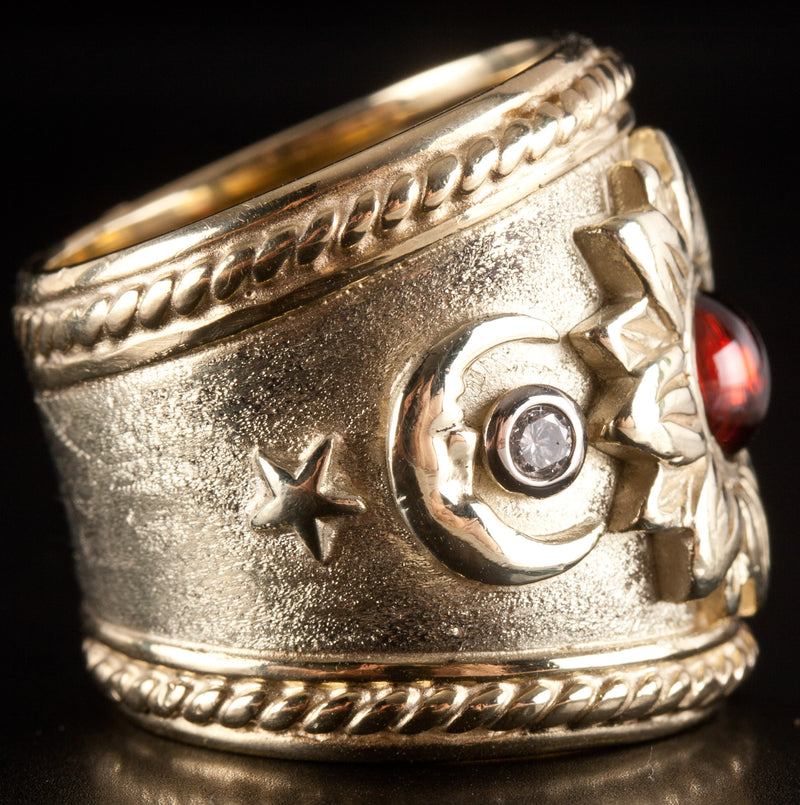 14k Yellow Gold Round Cabochon Garnet Diamond Sun Moon Ring 1.05ctw 27.0g