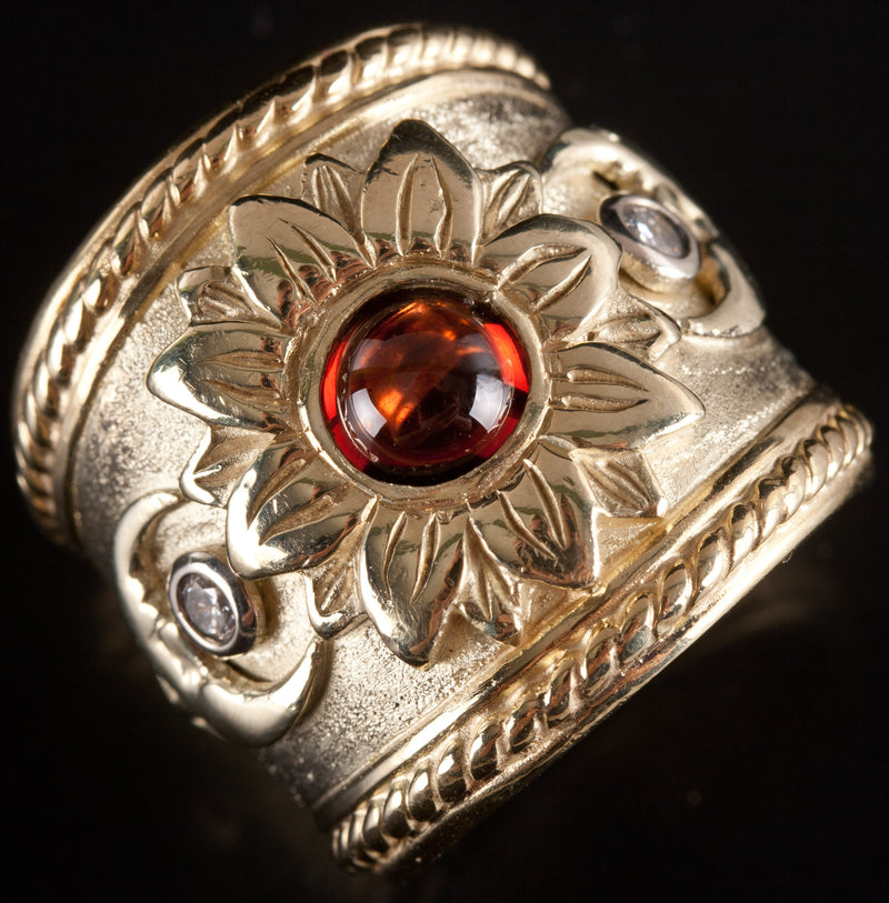 14k Yellow Gold Round Cabochon Garnet Diamond Sun Moon Ring 1.05ctw 27.0g