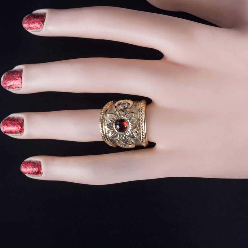 14k Yellow Gold Round Cabochon Garnet Diamond Sun Moon Ring 1.05ctw 27.0g