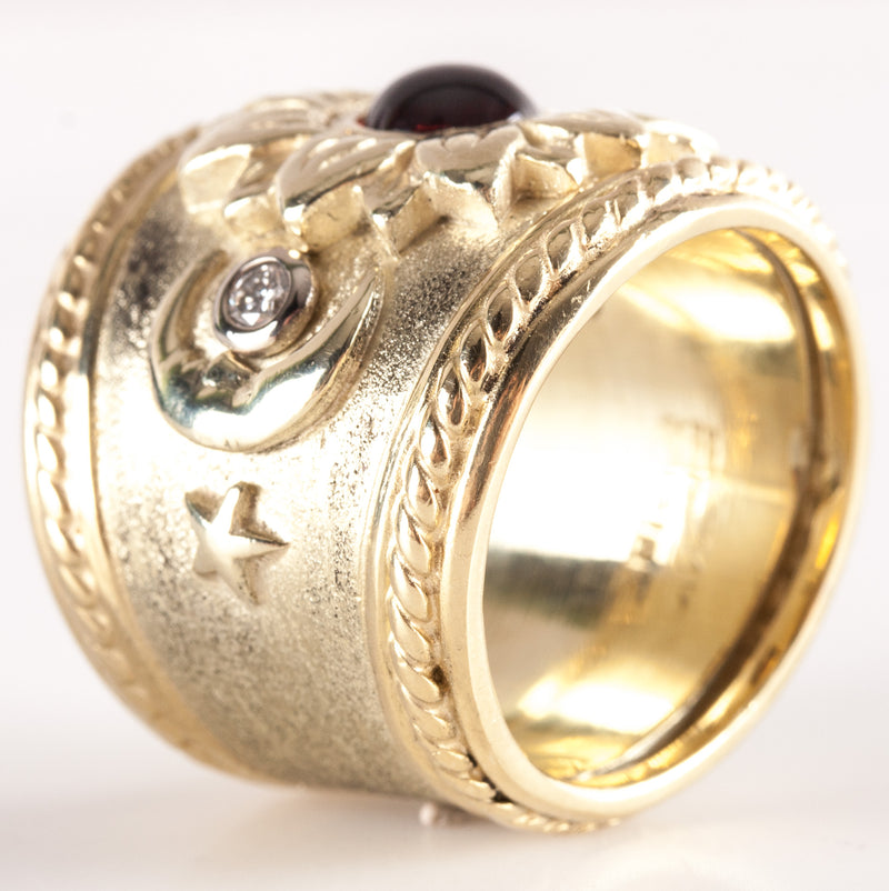 14k Yellow Gold Round Cabochon Garnet Diamond Sun Moon Ring 1.05ctw 27.0g