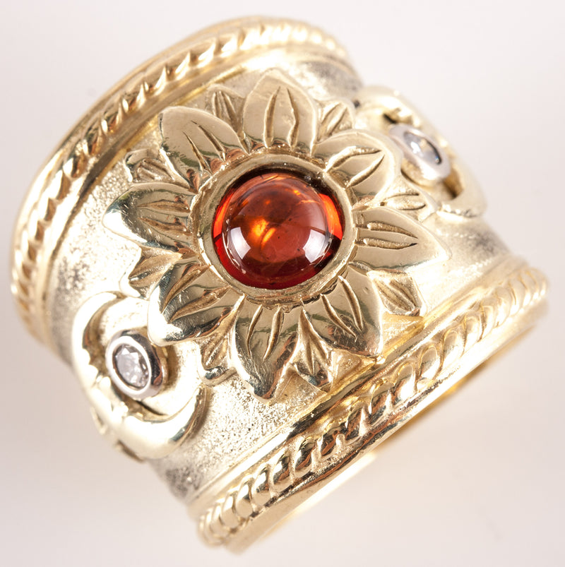 14k Yellow Gold Round Cabochon Garnet Diamond Sun Moon Ring 1.05ctw 27.0g