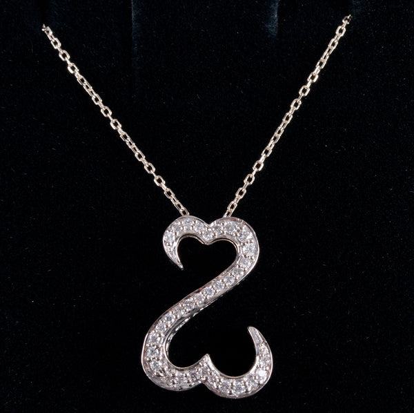 14k White Gold Round Diamond Duel Heart Necklace W/ Adjustable Chain .16ctw