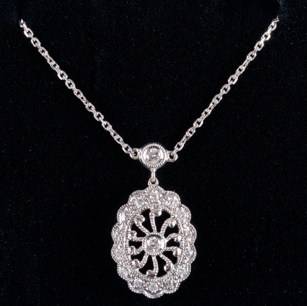 14k White Gold Round Diamond Vintage Inspired Necklace .15ctw 17" Chain 2.85g