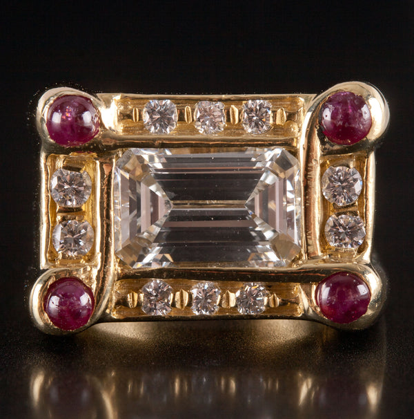 18k Yellow Gold Emerald & Round Shaped Diamond Ruby Cocktail Ring 2.59ctw 17.45g