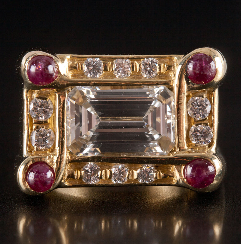 18k Yellow Gold Emerald & Round Shaped Diamond Ruby Cocktail Ring 2.59ctw 17.45g