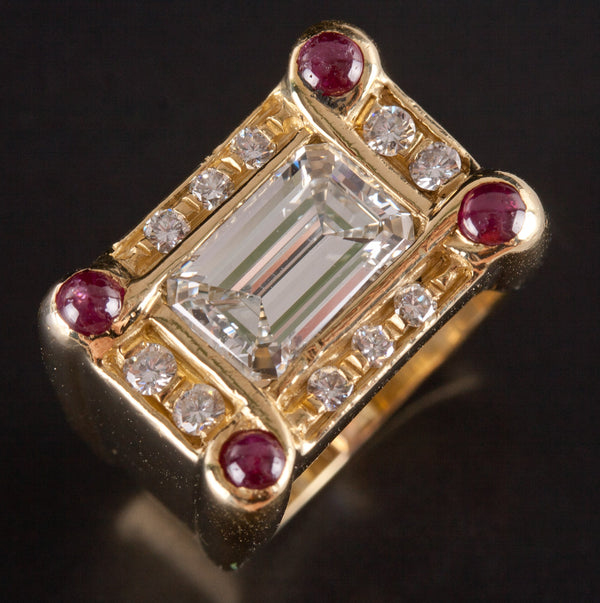 18k Yellow Gold Emerald & Round Shaped Diamond Ruby Cocktail Ring 2.59ctw 17.45g