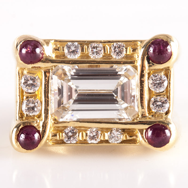 18k Yellow Gold Emerald & Round Shaped Diamond Ruby Cocktail Ring 2.59ctw 17.45g