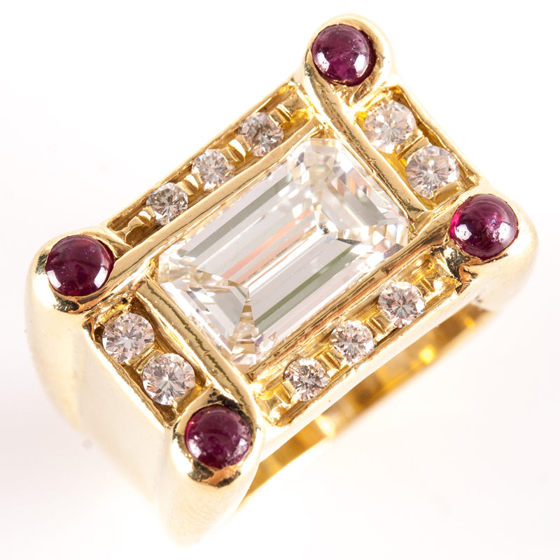 18k Yellow Gold Emerald & Round Shaped Diamond Ruby Cocktail Ring 2.59ctw 17.45g