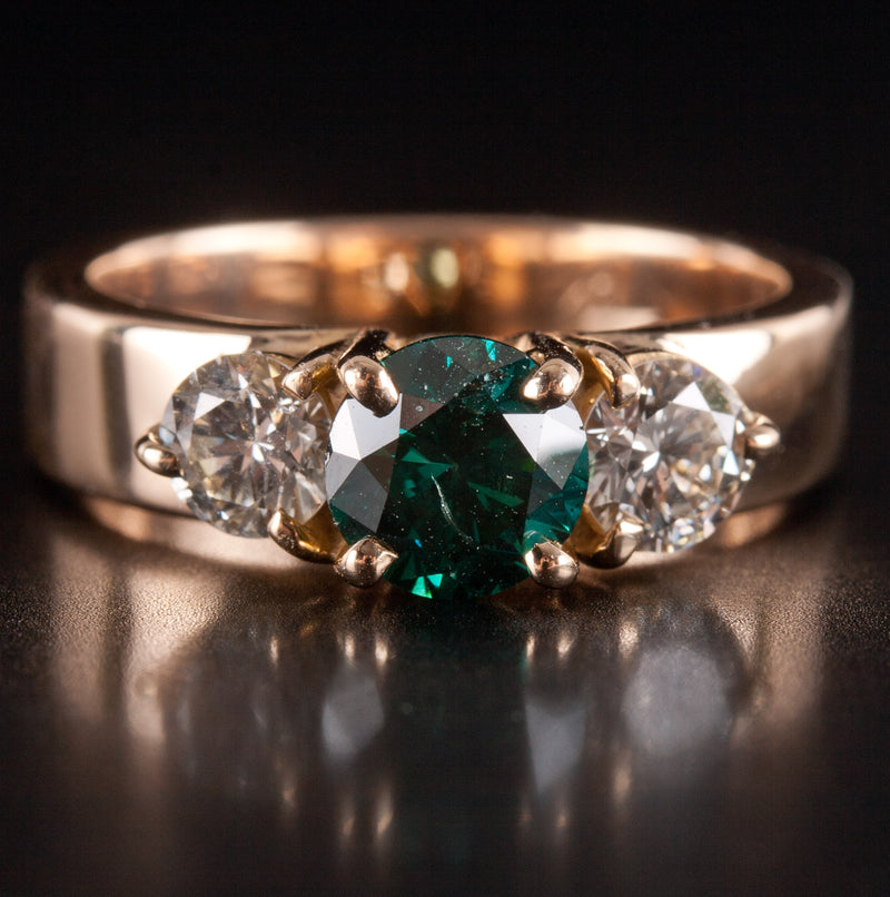 14k Yellow Gold Blue Green Diamond Three-Stone Engagement Ring 1.55ctw 6.90g