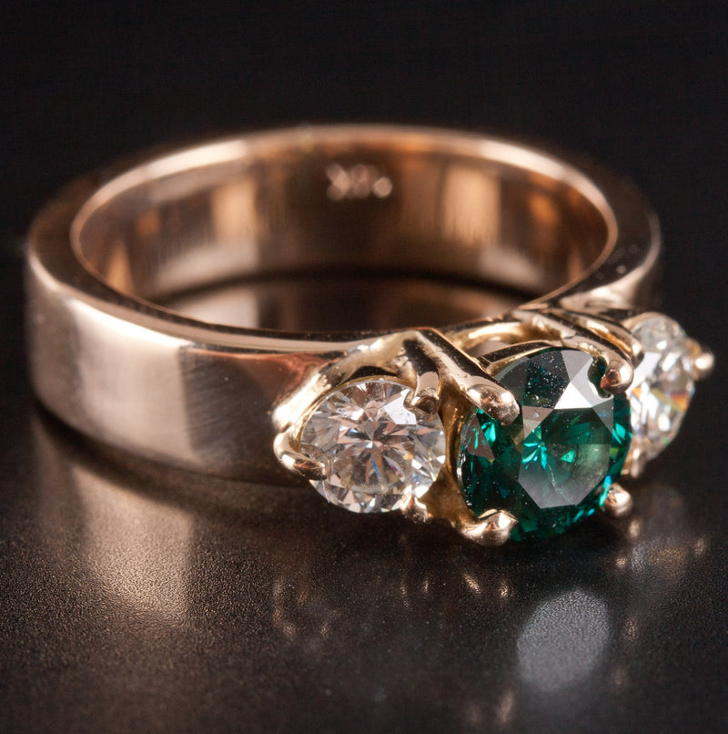 14k Yellow Gold Blue Green Diamond Three-Stone Engagement Ring 1.55ctw 6.90g