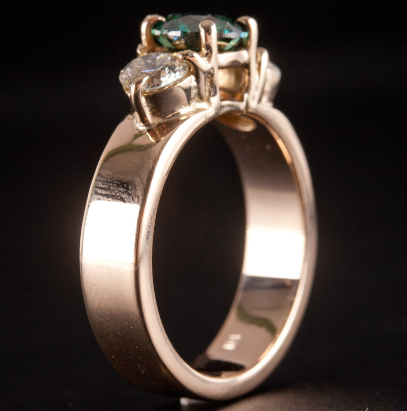 14k Yellow Gold Blue Green Diamond Three-Stone Engagement Ring 1.55ctw 6.90g