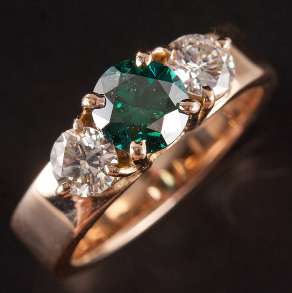 14k Yellow Gold Blue Green Diamond Three-Stone Engagement Ring 1.55ctw 6.90g