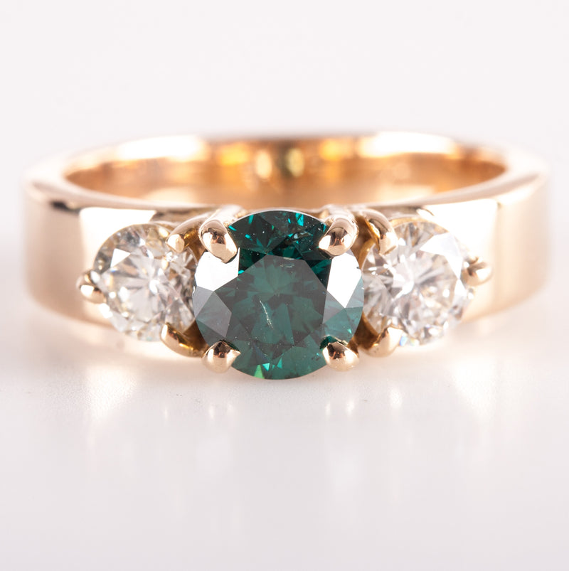14k Yellow Gold Blue Green Diamond Three-Stone Engagement Ring 1.55ctw 6.90g