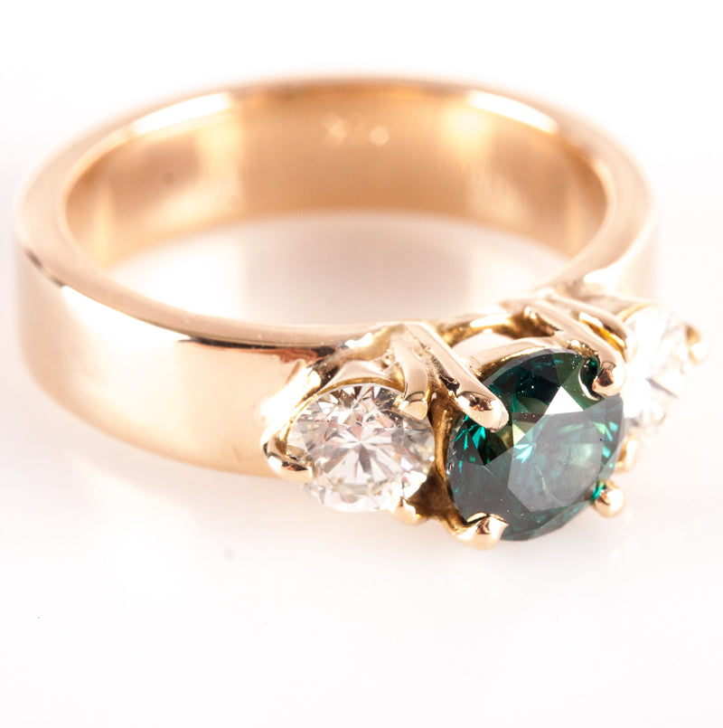 14k Yellow Gold Blue Green Diamond Three-Stone Engagement Ring 1.55ctw 6.90g