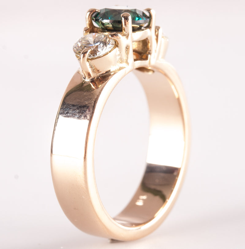14k Yellow Gold Blue Green Diamond Three-Stone Engagement Ring 1.55ctw 6.90g