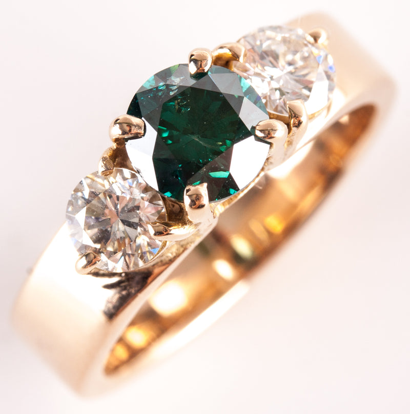14k Yellow Gold Blue Green Diamond Three-Stone Engagement Ring 1.55ctw 6.90g