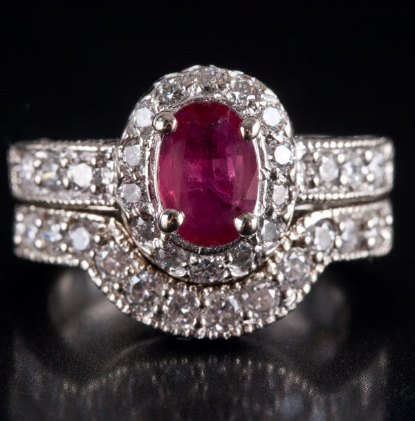 14k White Gold Oval Ruby Round Diamond Engagement Wedding Ring Set 1.76ctw 7.75g