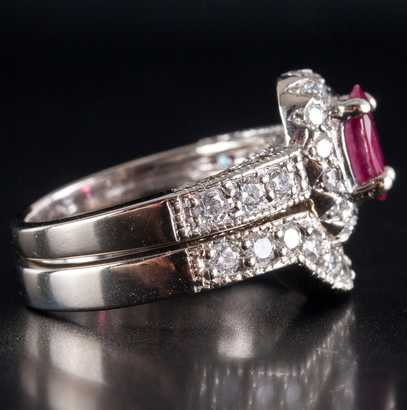 14k White Gold Oval Ruby Round Diamond Engagement Wedding Ring Set 1.76ctw 7.75g