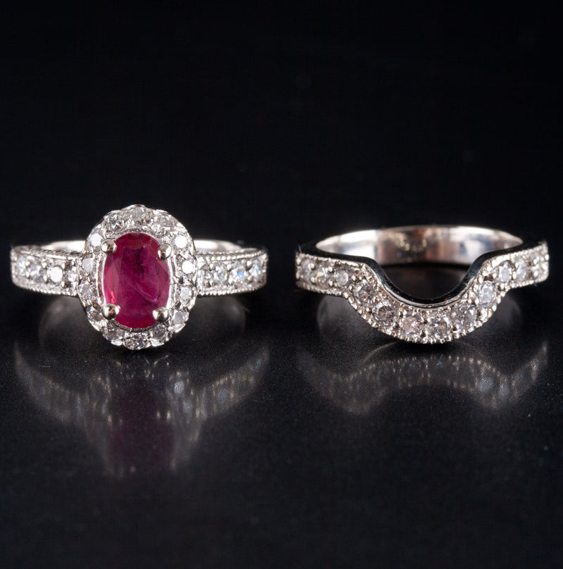 14k White Gold Oval Ruby Round Diamond Engagement Wedding Ring Set 1.76ctw 7.75g