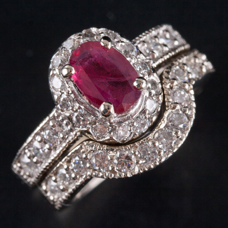 14k White Gold Oval Ruby Round Diamond Engagement Wedding Ring Set 1.76ctw 7.75g