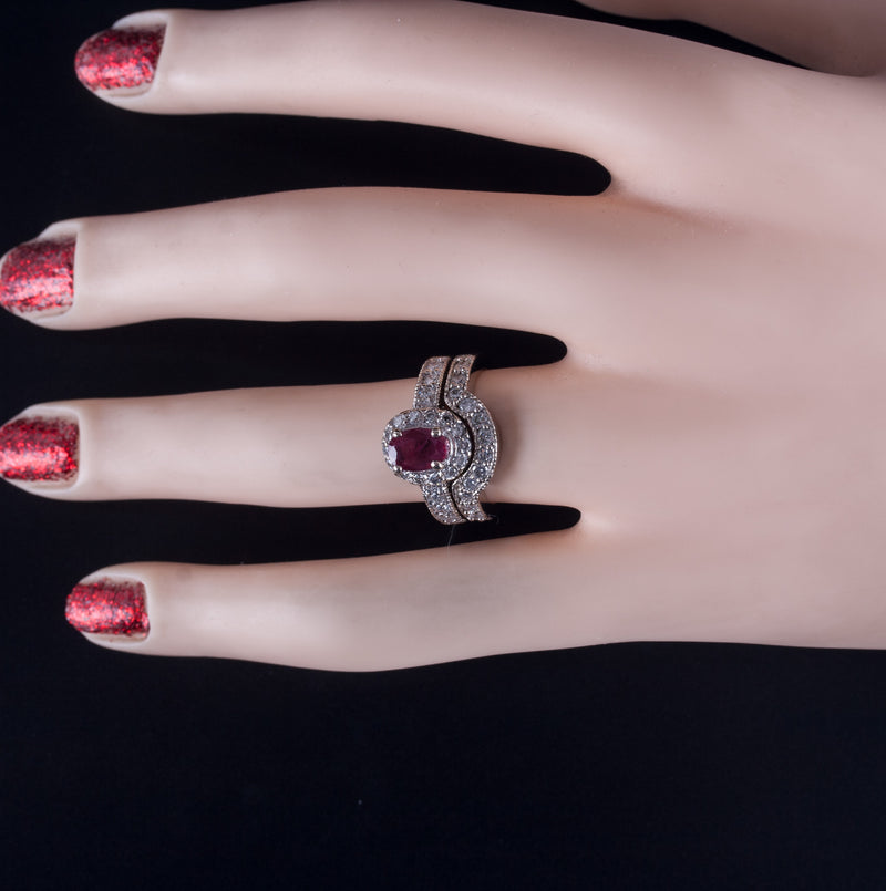 14k White Gold Oval Ruby Round Diamond Engagement Wedding Ring Set 1.76ctw 7.75g