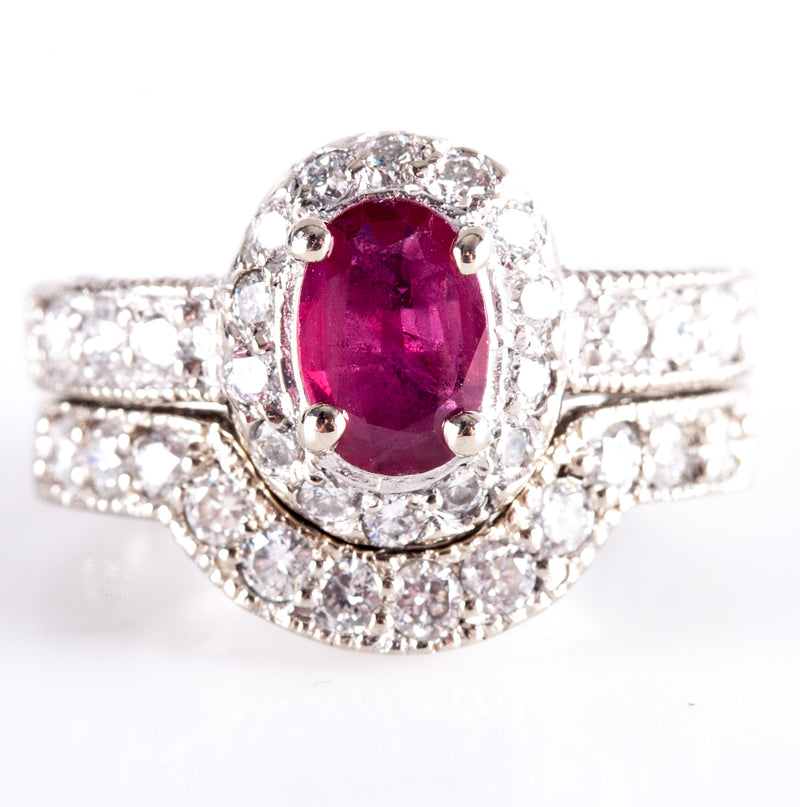 14k White Gold Oval Ruby Round Diamond Engagement Wedding Ring Set 1.76ctw 7.75g