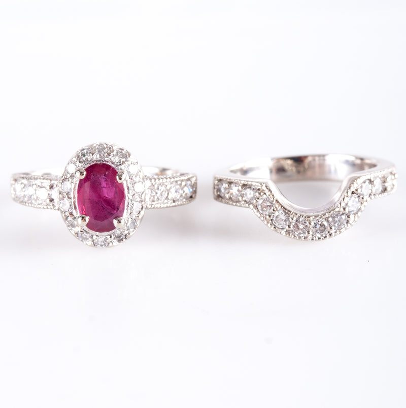 14k White Gold Oval Ruby Round Diamond Engagement Wedding Ring Set 1.76ctw 7.75g