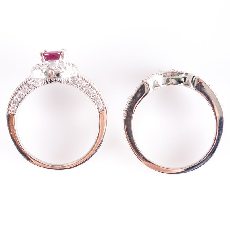14k White Gold Oval Ruby Round Diamond Engagement Wedding Ring Set 1.76ctw 7.75g