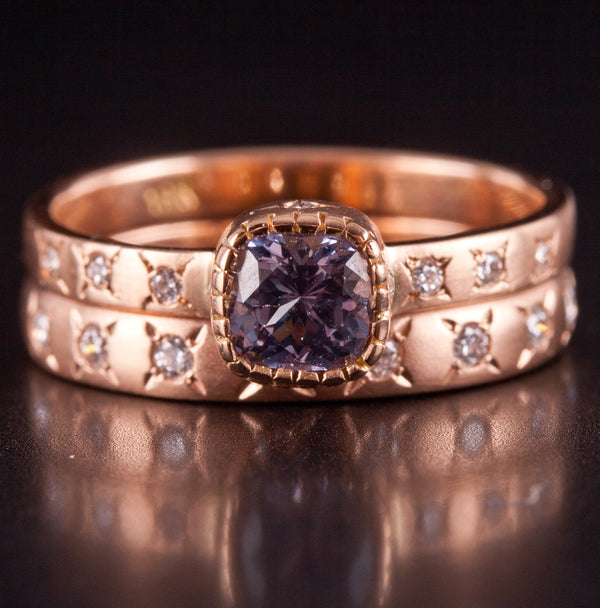 18k Rose Gold Cushion Spinel Diamond Engagement Wedding Ring Set .535ctw 5.15g