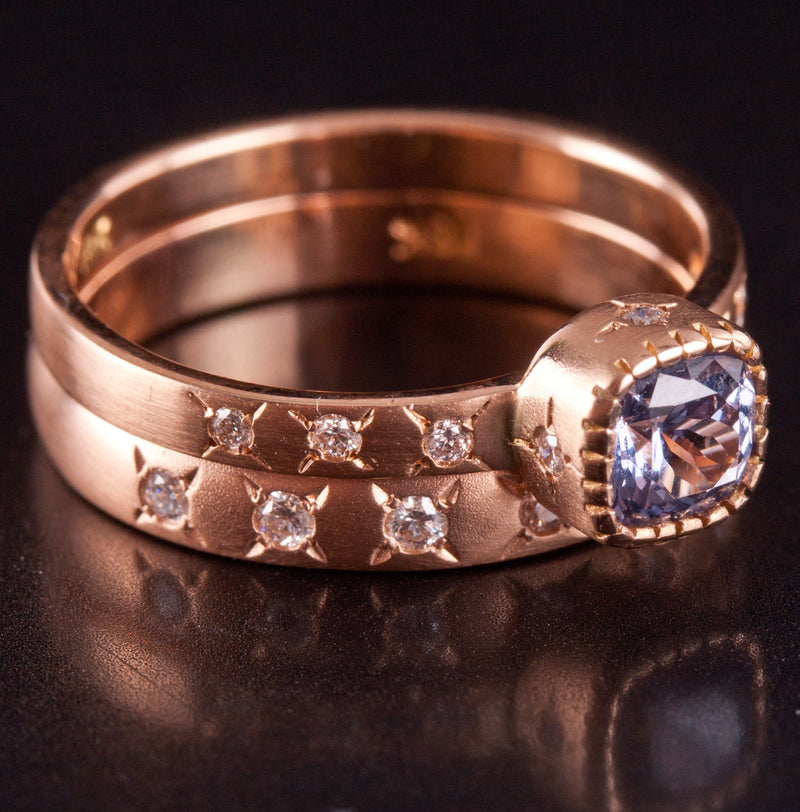 18k Rose Gold Cushion Spinel Diamond Engagement Wedding Ring Set .535ctw 5.15g