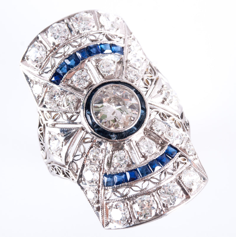 Vintage 1900's Platinum 18k White Gold Old Euro Diamond Sapphire Ring 2.39ctw