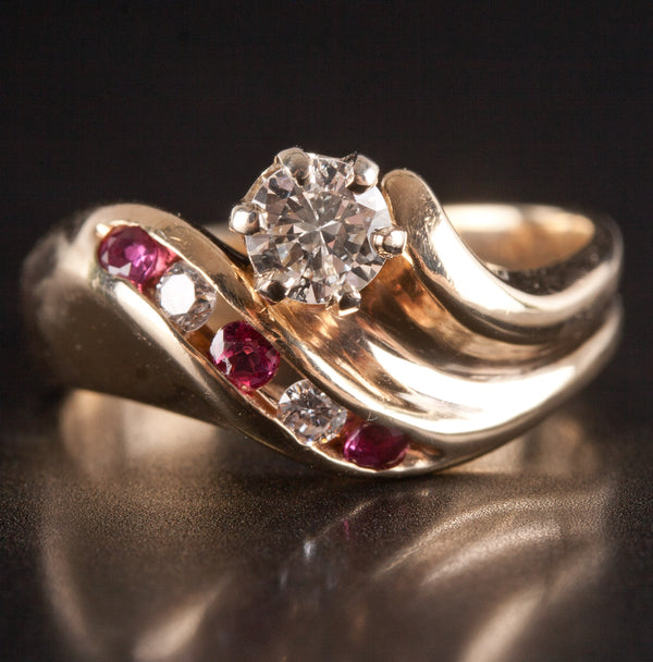 14k Yellow Gold Round G SI1 Diamond Ruby Cocktail Style Ring .525ctw 4.85g