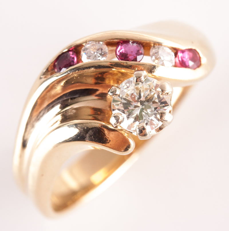 14k Yellow Gold Round G SI1 Diamond Ruby Cocktail Style Ring .525ctw 4.85g