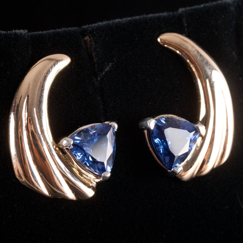 14k Yellow Gold Sterling Silver Trillion AA Tanzanite Solitaire Earrings 3.34ctw
