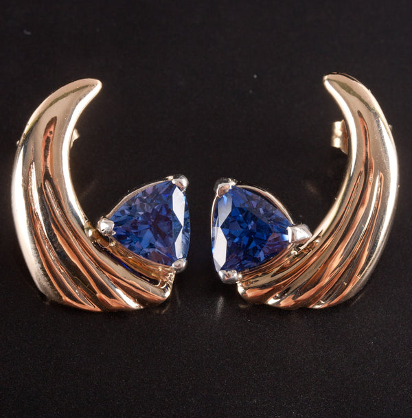 14k Yellow Gold Sterling Silver Trillion AA Tanzanite Solitaire Earrings 3.34ctw