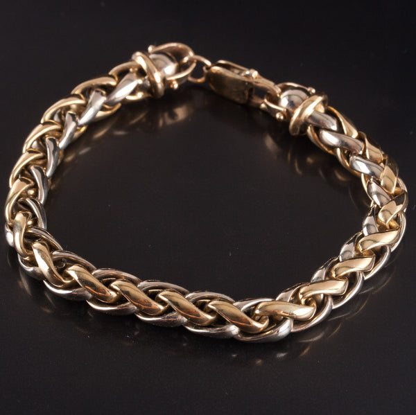18k Yellow White Gold Two-Tone Wheat Spiga Chain Bracelet 20.35g 7.25" Length