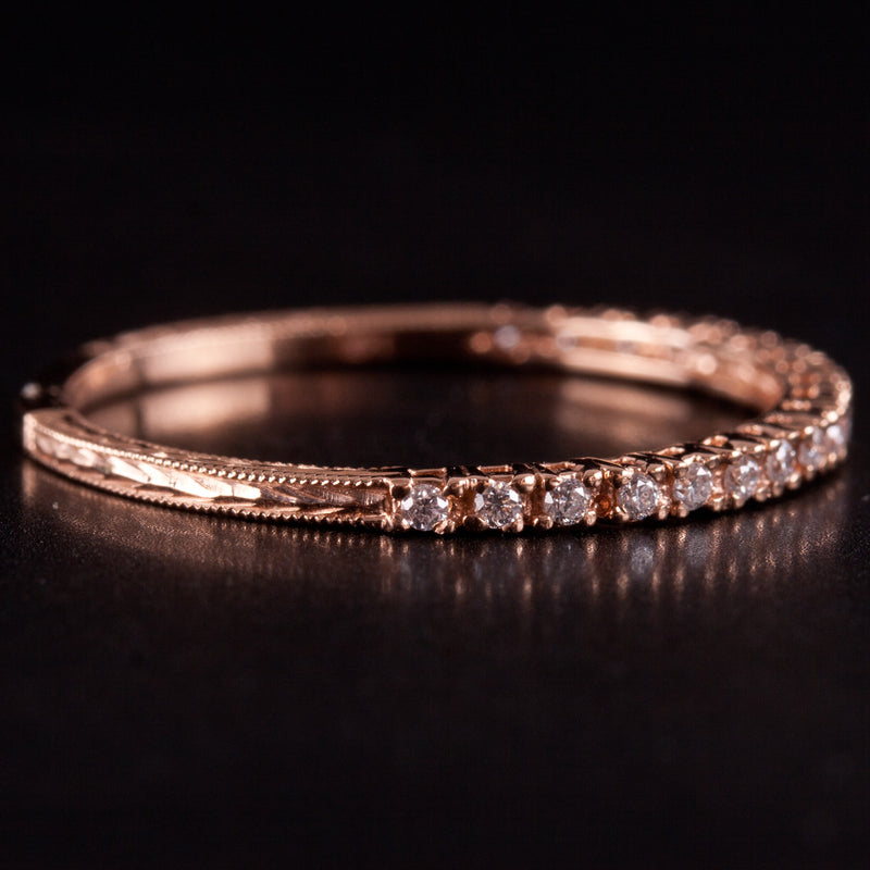 14k Rose Gold Round G - H SI1 Diamond Etched Style Wedding Ring .095ctw .95g