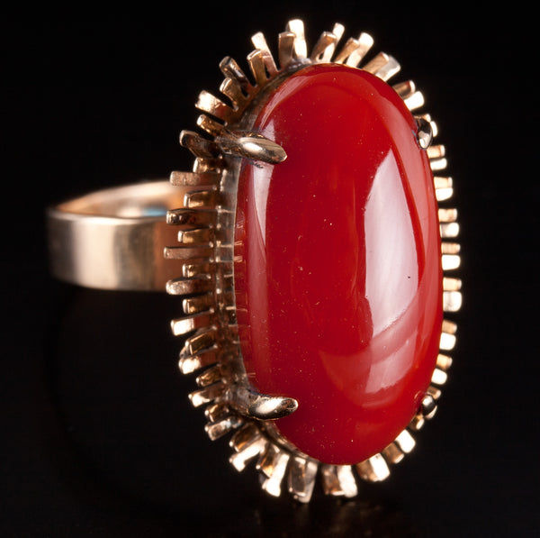 Vintage 1940's 18k Yellow Gold Oval Cabochon AAA Red Coral Solitaire Ring 6.29g