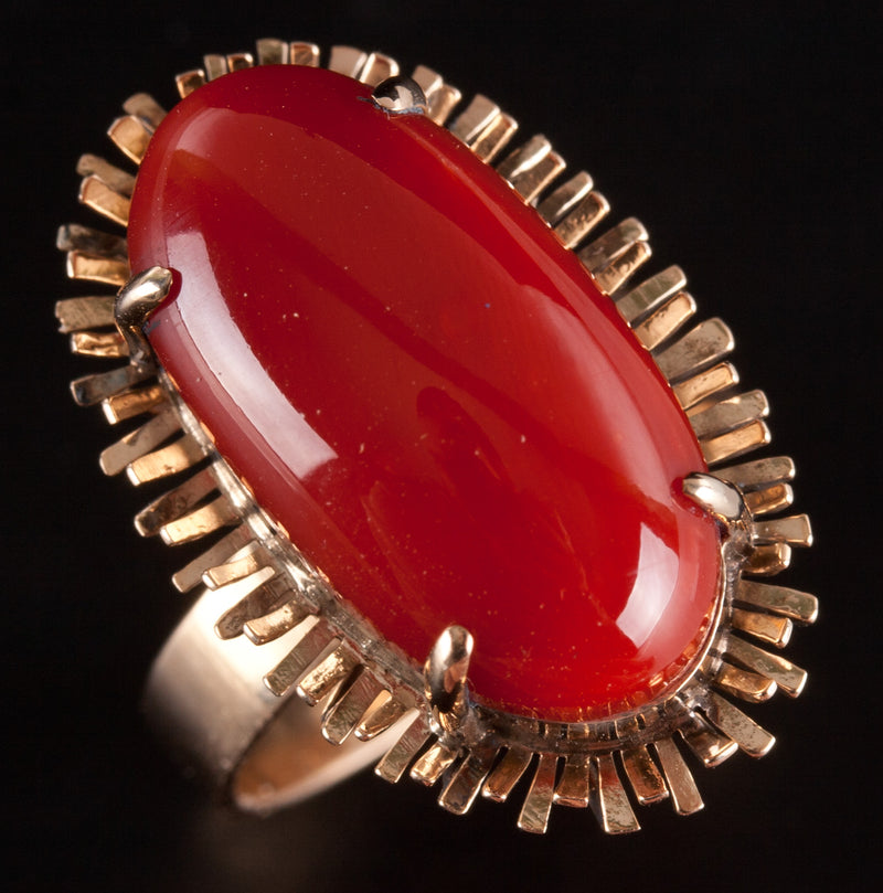Vintage 1940's 18k Yellow Gold Oval Cabochon AAA Red Coral Solitaire Ring 6.29g