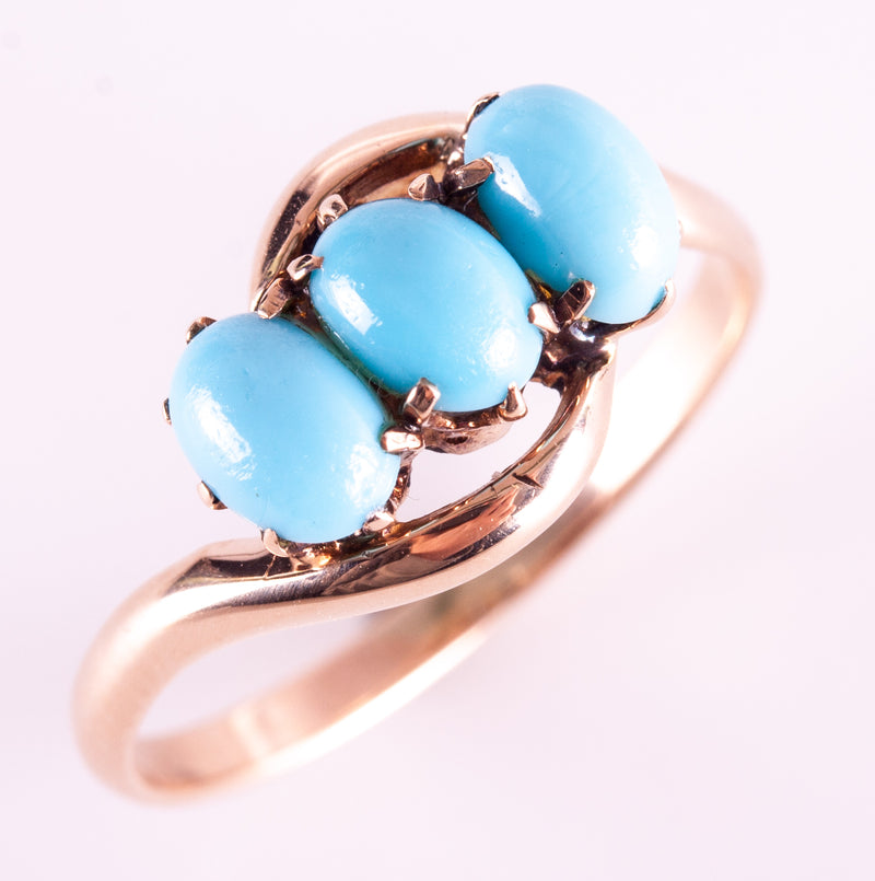 Vintage 1920's 10k Rose Gold Oval Cabochon AA Turquoise Three Stone Ring 2.4g
